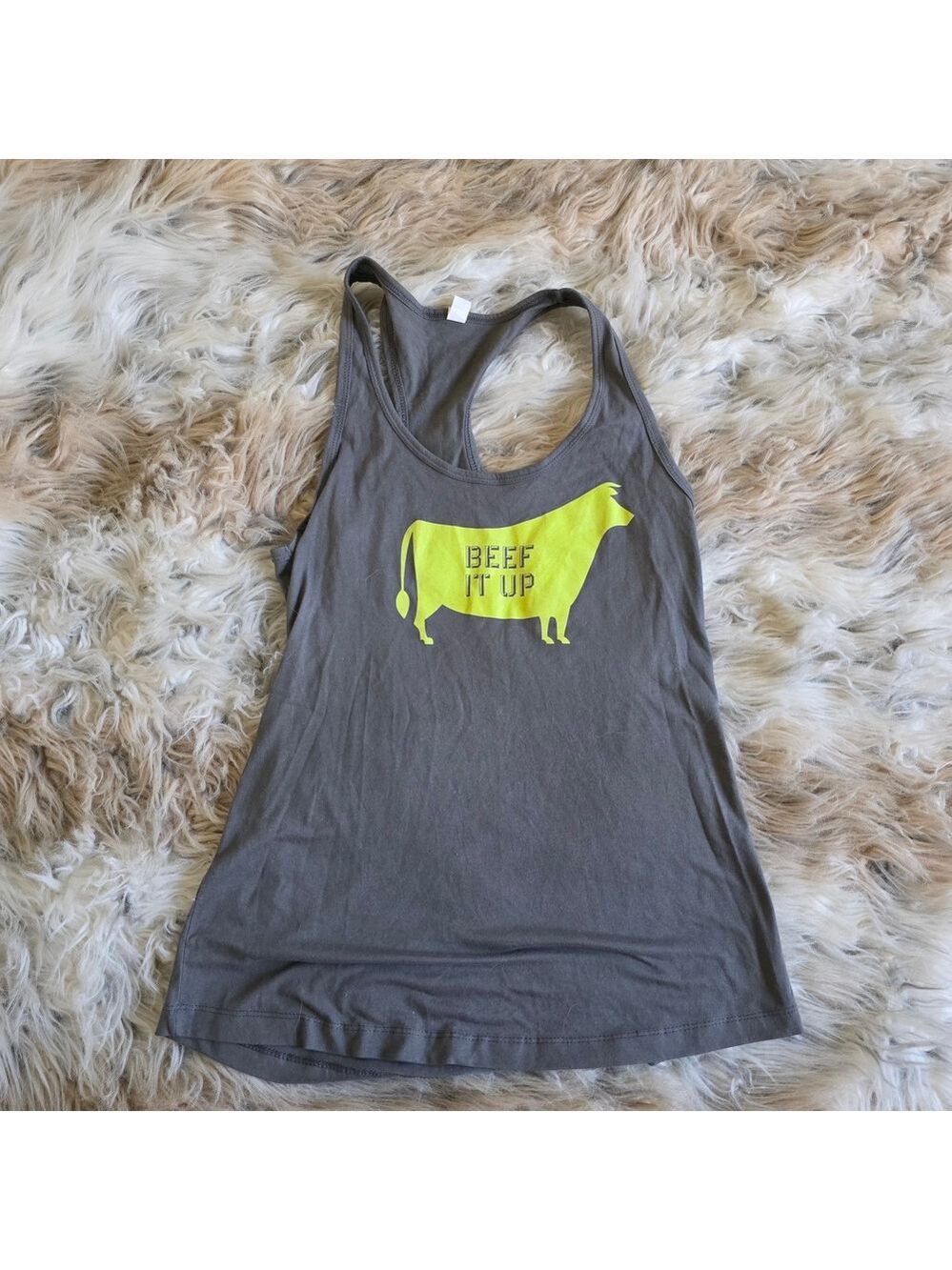 Women’s Gray Tank Top with Neon Yellow Graphic - Beef It Up